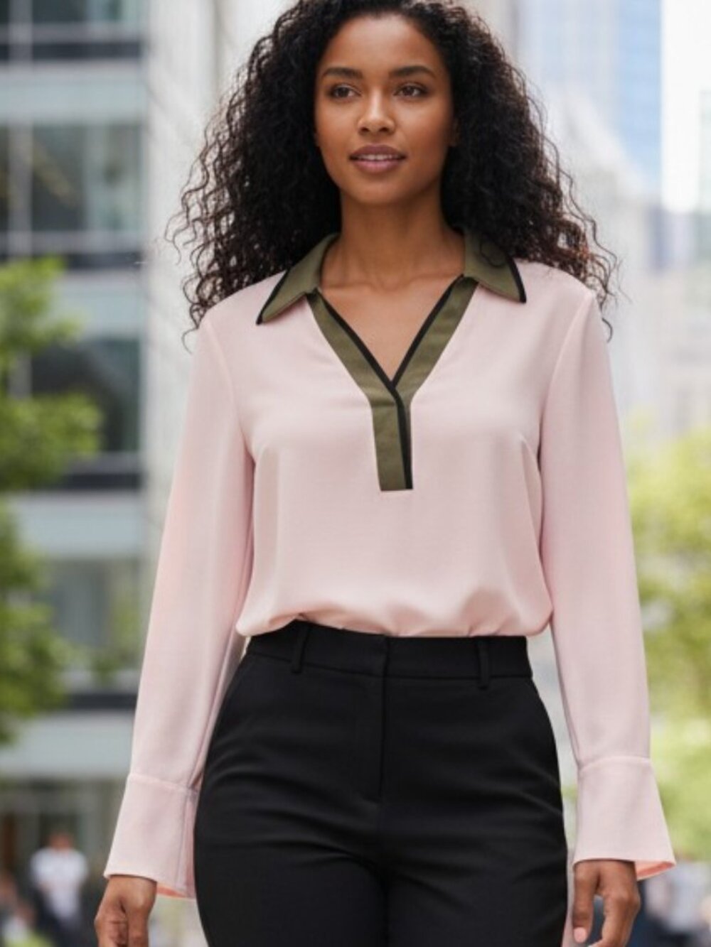 Sisley Pink Crepe Blouse Olive Contrast Collar Bell Cuff Pullover Women's